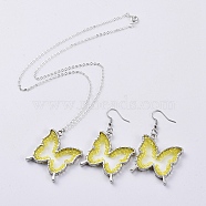 Glass Dangle Earring & Pendant Necklace Jewelry Sets, with Silver Plated Brass Cable Chain, Rack Plating Alloy Open Back Bezel Pendants and Brass Earring Hooks, Butterfly, Yellow, 17.99 inch(45.7cm), 55mm, Pin: 0.6mm(SJEW-JS01076-05)
