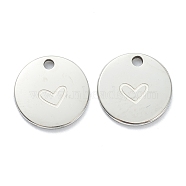 304 Stainless Steel Charms, Flat Round with Heart, Stainless Steel Color, 11.5x1mm, Hole: 1.5mm(STAS-P280-08P)