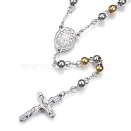 201 Stainless Steel Rosary Bead Necklaces, with Cross Pendant and Lobster Claw Clasps, Stainless Steel Color, 28 inch(71cm)(X-NJEW-D285-37)