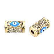 Brass Micro Pave Cubic Zirconia Beads, with Enamel, Real 18K Gold Plated, Rectangle with Evil Eye, Nickel Free, Deep Sky Blue, 14x8x7mm, Hole: 3.5mm(KK-N227-89C)