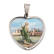 304 Stainless Steel Pendants, with Enamel, Heart with Saint Charm, Religion, Stainless Steel Color, 31x29x2mm, Hole: 9x5.5mm(STAS-H182-11D-P)