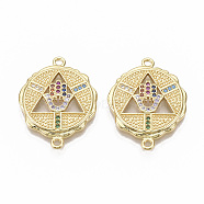 Brass Micro Pave Cubic Zirconia Links connectors, Nickel Free, Flat Round with Triangle with Hamsa Hand/Hand of Fatima/Hand of Miriam, Colorful, Real 16K Gold Plated, 26x19.5x3mm, Hole: 1.6mm(ZIRC-T014-005-NF)