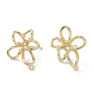 Brass Cubic Zirconia Stud Earrings Findings, with Loop, Flower, Real 14K Gold Plated, 26x20x4.5mm, Hole: 1.4mm, Pin: 0.5x12mm(KK-B087-12G)