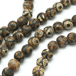 Tibetan Style 3-Eye dZi Beads, Natural Agate Bead Strands, Round, Dyed & Heated, Brown, 6mm, Hole: 1mm, about 30pcs/strand, 7.5 inch(G-K166-04-6mm-L2)