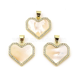 Rack Plating Real 18K Gold Plated Brass Pendants, with Cubic Zirconia and Shell, Long-Lasting Plated, Lead Free & Cadmium Free, Heart, Seashell Color, 18x18x2.5mm, Hole: 5x3.5mm(KK-B077-12G)