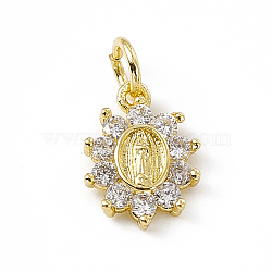 Brass Micro Pave Cubic Zirconia Charms, with Jump Ring, Oval Flower with Religion Virgin Mary Charm, Real 18K Gold Plated, 12x9x2mm, Hole: 3mm(ZIRC-F132-36G)