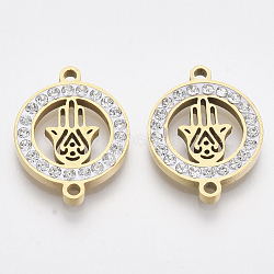 201 Stainless Steel Links connectors, with Polymer Clay Crystal Rhinestone, Flat Round with Hamsa Hand/Hand of Fatima/Hand of Miriam, Golden, 20x15x2.5mm, Hole: 1.6mm(STAS-N091-05G)