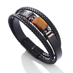 Natural Tiger Eye Beads Bangles, Imitation Leather Multilayer Bangles, with Magnetic Buckle for Men, 8-1/2 inch(21.59cm)(PW-WG9293D-02)