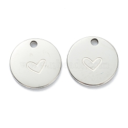 Non-Tarnish 304 Stainless Steel Charms, Flat Round with Heart, Stainless Steel Color, 11.5x1mm, Hole: 1.5mm(STAS-P280-08P)