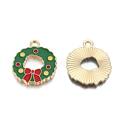 Christmas Theme, Alloy Enamel Pendants, Light Gold, Wreath, Green, 20x17.5x1.5mm, Hole: 2mm(ENAM-S119-009B)