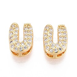 Brass Micro Pave Clear Cubic Zirconia Beads, Letter, Nickel Free, Letter U, 9x7x5mm, Hole: 3X1.8mm(KK-T071-17G-U)