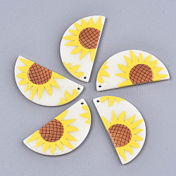 Acrylic Pendants, 3D Printed, Half Round with Sunflower Pattern, Floral White, 42x21x2.5mm, Hole: 1.5mm(KY-S163-230)