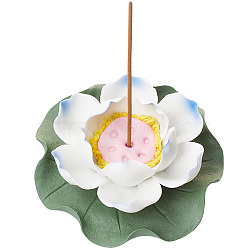 Porcelain Incense Burner Holder, Home Office Teahouse Zen Buddhist Supplies, Lotus & Lotus Leaf, Steel Blue, 88x90.5x33mm, Hole: 3.5mm(AJEW-WH0314-99A-03)