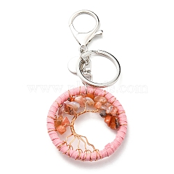 Natural Red Agate Keychains, Flat Round with Tree of Life Charms, 5cm(TREE-PW0001-04B)