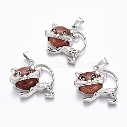 Synthetic Goldstone Kitten Pendants, with Platinum Tone Brass Findings, Cartoon Cat Shape, 28x30x9mm, Hole: 5x7mm(G-J386-C13)