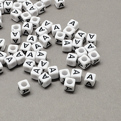 Large Hole Acrylic Letter European Beads, Horizontal Hole, White & Black, Cube with Letter.A, 7~8x7~8x7~8mm, Hole: 4mm, about 1144pcs/500g(SACR-Q103-7mm-01A)