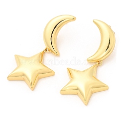 Rack Plating Brass Moon & Star Dangle Stud Earrings, Lead Free & Cadmium Free, Real 18K Gold Plated, 49.5mm(EJEW-A103-08G)