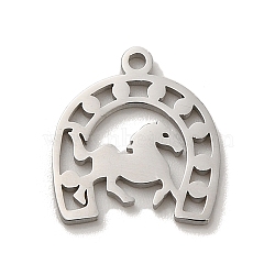304 Stainless Steel Charms, Laser Cut, Horseshoe with Horse Charm, Stainless Steel Color, 13.5x12x1mm, Hole: 1.2mm(STAS-O005-17P)