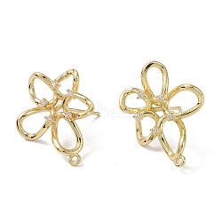 Brass Cubic Zirconia Stud Earrings Findings, with Loop, Flower, Real 14K Gold Plated, 26x20x4.5mm, Hole: 1.4mm, Pin: 0.5x12mm(KK-B087-12G)