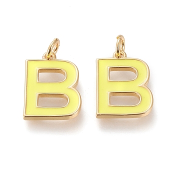Brass Enamel Pendants, with Jump Ring, Long-Lasting Plated, Real 18K Gold Plated, Letter.B, Champagne Yellow, Letter.B, B: 17x12.5x1.8mm, Jump Rings: Inner Diameter: 3mm