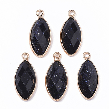 Synthetic Blue Goldstone Pendants, with Golden Plated Edge Brass Findings, Faceted, Horse Eye, 20x9x5mm, Hole: 1.2mm