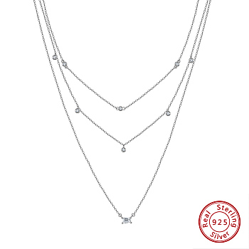 925 Sterling Silver 3 Layer Necklaces, Micro Pave 5A Cubic Zirconia Charm Necklaces, Real Platinum Plated, 16.02 inch(40.7cm)