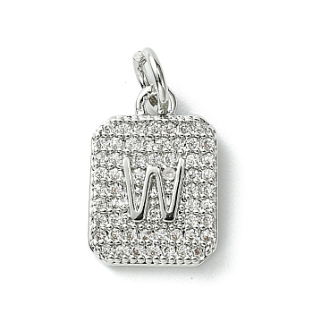 Rack Plating Brass Micro Pave Clear Cubic Zirconia Charms, Long-Lasting Plated, Lead Free & Cadmium Free, Rectangle with Letter Pattern, with Jump Ring, Platinum, Letter W, 14x9.5x2mm, Hole: 3mm