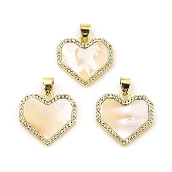 Rack Plating Real 18K Gold Plated Brass Pendants, with Cubic Zirconia and Shell, Long-Lasting Plated, Lead Free & Cadmium Free, Heart, Seashell Color, 18x18x2.5mm, Hole: 5x3.5mm