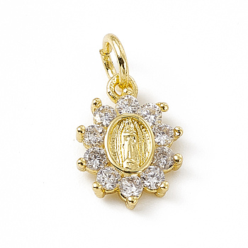 Brass Micro Pave Cubic Zirconia Charms, with Jump Ring, Oval Flower with Religion Virgin Mary Charm, Real 18K Gold Plated, 12x9x2mm, Hole: 3mm