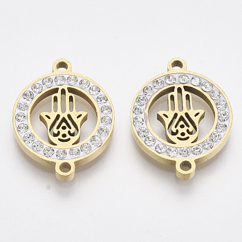 201 Stainless Steel Links connectors, with Polymer Clay Crystal Rhinestone, Flat Round with Hamsa Hand/Hand of Fatima/Hand of Miriam, Golden, 20x15x2.5mm, Hole: 1.6mm
