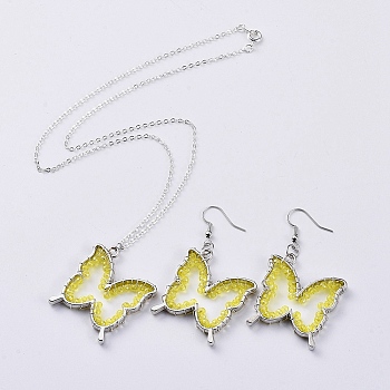 Glass Dangle Earring & Pendant Necklace Jewelry Sets, with Silver Plated Brass Cable Chain, Rack Plating Alloy Open Back Bezel Pendants and Brass Earring Hooks, Butterfly, Yellow, 17.99 inch(45.7cm), 55mm, Pin: 0.6mm