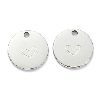 304 Stainless Steel Charms, Flat Round with Heart, Stainless Steel Color, 11.5x1mm, Hole: 1.5mm