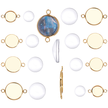 DIY Flat Round Link Making Kit, Including 304 Stainless Steel Cabochon Settings, Transparent Half Round Glass Cabochons, Golden,  Cabochon Settings: 24pcs/set