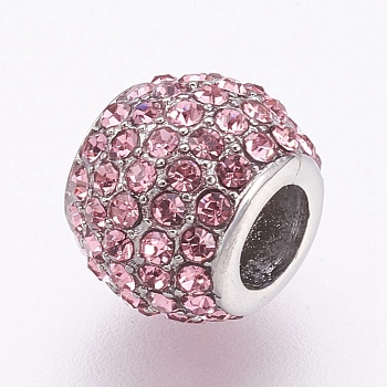 304 Stainless Steel European Beads, Large Hole Beads, with Rhinestone, Rondelle, Stainless Steel Color, Light Rose, 10x8mm, Hole: 4.5mm