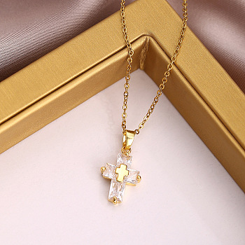 304 Stainless Steel Pave Clear Cubic Zirconia Religion Cross Pendant Necklaces for Women, Golden, 16.34 inch(41.5cm)