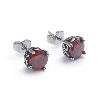 Retro 304 Stainless Steel Stud Earrings, with Cubic Zirconia and Ear Nuts, Flower, Red, Antique Silver, 7mm, Pin: 0.6mm