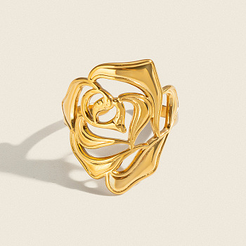 304 Stainless Steel Open Cuff Rings for Women, Flower, Real 18K Gold Plated, 25mm, US Size 8 1/2(18.5mm)