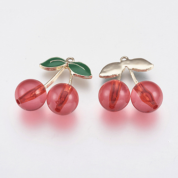 Glass Pendants, with Alloy Findings, Cherry, Light Gold, Red, 26.5x23x12mm, Hole: 1.4mm