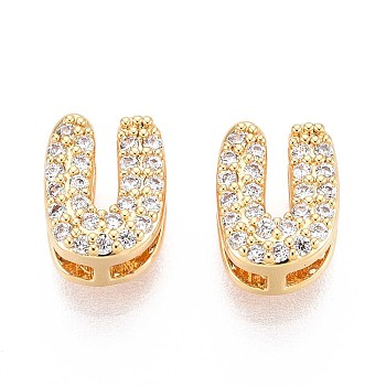 Brass Micro Pave Clear Cubic Zirconia Beads, Letter, Nickel Free, Letter U, 9x7x5mm, Hole: 3X1.8mm