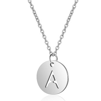 201 Stainless Steel Initial Pendants Necklaces, with Cable Chains, Flat Round with Letter, Stainless Steel Color, Letter.A, 16.3 inch(40cm), 1mm