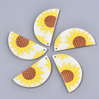 Acrylic Pendants, 3D Printed, Half Round with Sunflower Pattern, Floral White, 42x21x2.5mm, Hole: 1.5mm