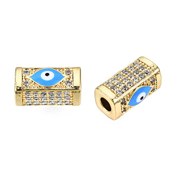 Brass Micro Pave Cubic Zirconia Beads, with Enamel, Real 18K Gold Plated, Rectangle with Evil Eye, Nickel Free, Deep Sky Blue, 14x8x7mm, Hole: 3.5mm