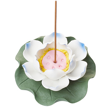 Porcelain Incense Burner Holder, Home Office Teahouse Zen Buddhist Supplies, Lotus & Lotus Leaf, Steel Blue, 88x90.5x33mm, Hole: 3.5mm