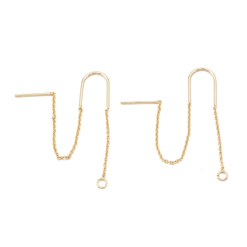 Brass Stud Earring Findings, Ear Thread with U-shape Link & Loop, Long-Lasting Plated, Real 18K Gold Plated, 74.5mm, Hole: 2mm, Pin: 0.8mm