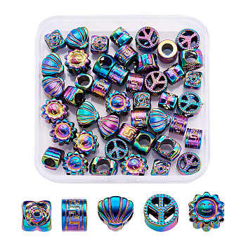 50Pcs 5 Style Rainbow Color Alloy European Beads, Large Hole Beads, Cadmium Free & Nickel Free & Lead Free, Mixed Shape, 7.5~12x7~10.5x7~9.5mm, Hole: 4.5~6mm, 10pcs/style
