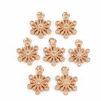 Rack Plating Brass Micro Pave Clear Cubic Zirconia Charms, Long-Lasting Plated, Cadmium Free & Lead Free, Flower, Light Gold, 12.5x9x2mm, Hole: 1.2mm