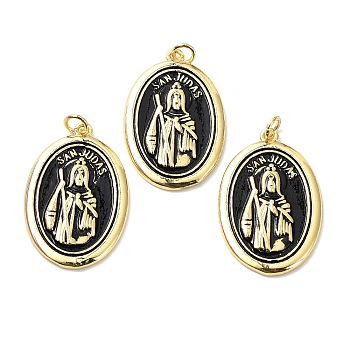 Brass Pendants, with Enamel and Jump Ring, Lead Free & Cadmium Free, Real 18K Gold Plated, Oval with St Jude Charm, Black, 30x19.5x2.5mm, Hole: 3.6mm