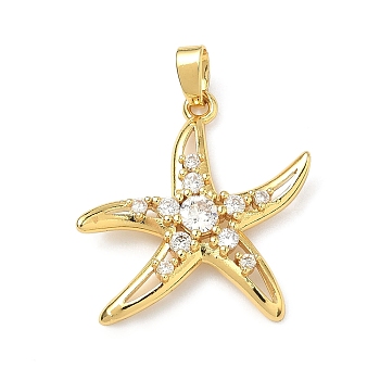 Brass Micro Pave Clear Cubic Zirconia Pendants, Starfish Charms, Real 18K Gold Plated, 22.5x22.5x2.5mm, Hole: 2.6x4.8mm