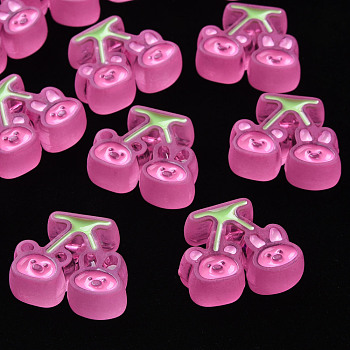 Transparent Acrylic Beads, with Enamel, Frosted, Cherry with Bear & Rabbit, Hot Pink, 22.5x26x9mm, Hole: 3mm