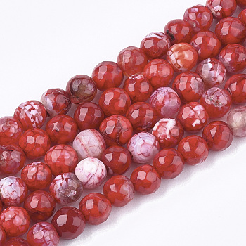 Natural Crackle Agate Beads Strands, Dyed, Faceted, Round, FireBrick, 6mm, Hole: 1mm, about 63pcs/strand, 14.5 inch